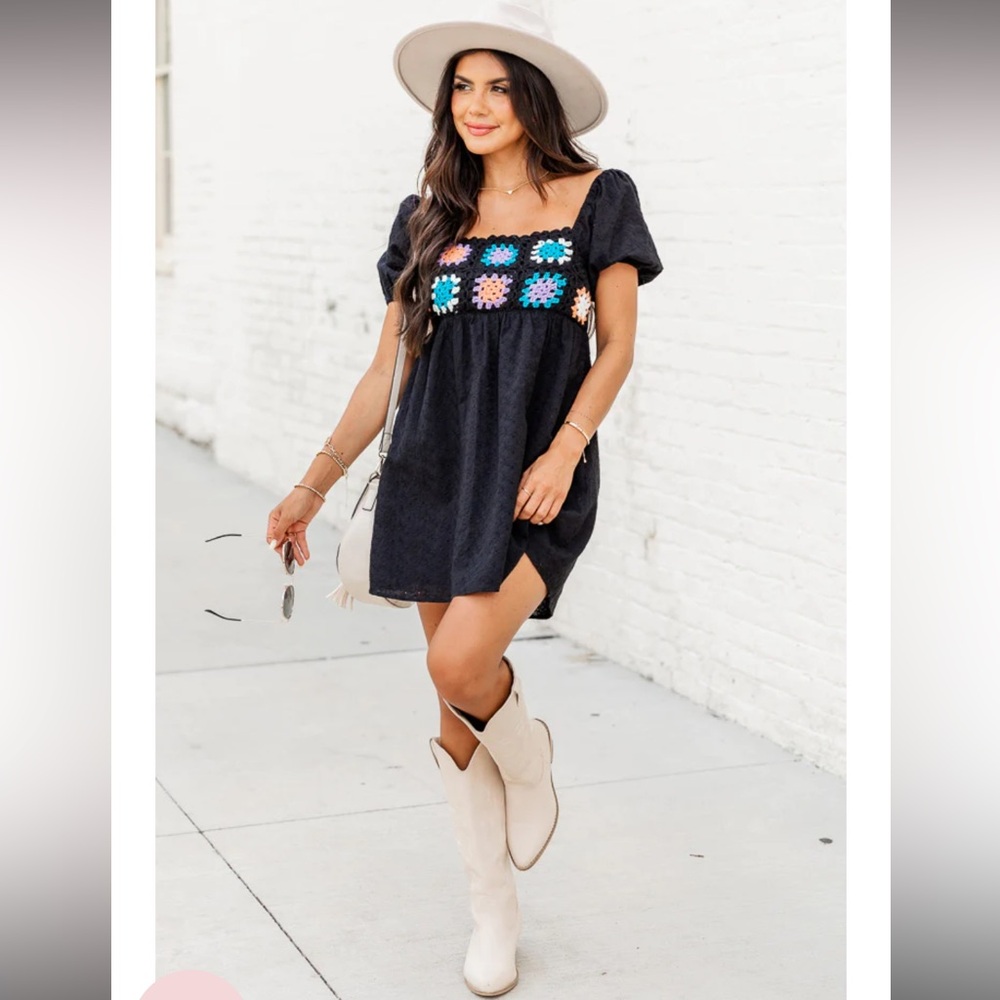 Pink Lily I Knew You Black Crochet Short Sleeve Mini Dress